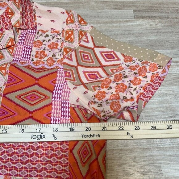 Rose+Olive Top Womens Large Cropped Boxy Aztec Floral Orange Pink Button Up - Picture 6 of 10